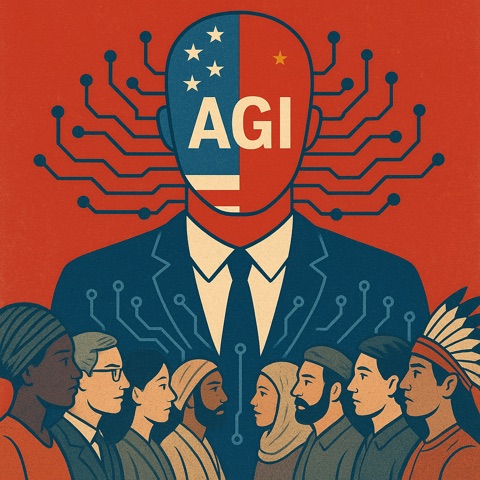 MoonTed Diary: Illustration of a faceless figure labeled AGI, painted with U.S. and Chinese flags, looming over people from many cultures
