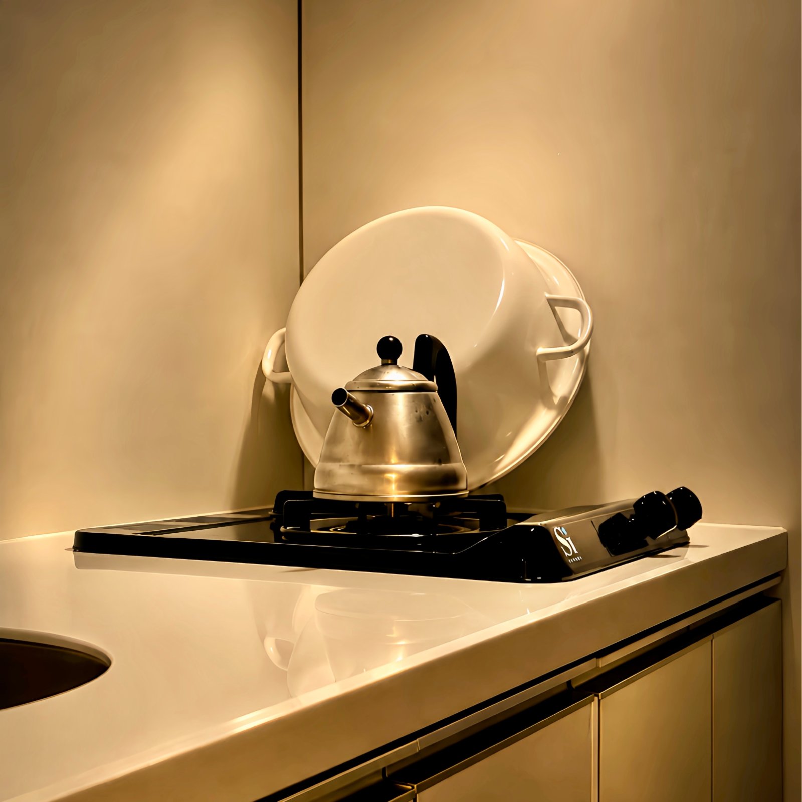 MoonTed Diary: the small kitchen at the salon at night, under warm light. A brass-colored kettle for brewing tea sits on the gas burner, with the white basin used for the foot bath leaning against the wall behind it.