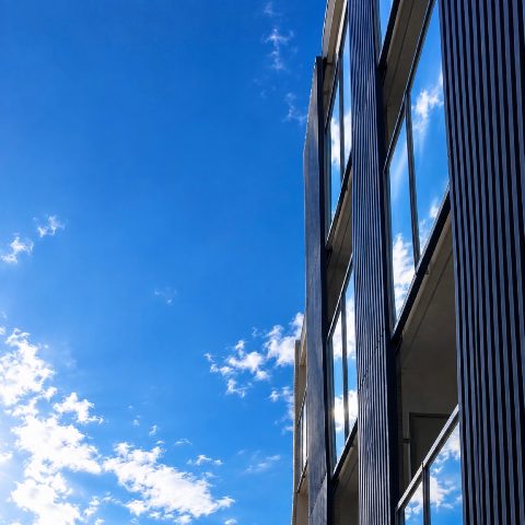 MoonTed Diary: looking up at the building where the salon is. A clear autumn sky with white clouds is reflected in the dark glass and vertical louvers.