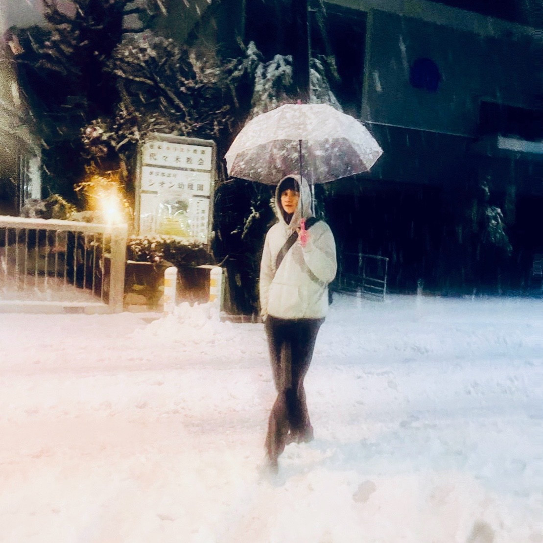 ムーンテッド（MoonTed）の日記より、雪の降る夜、傘をさして雪道に立つ白いダウンジャケットの人
