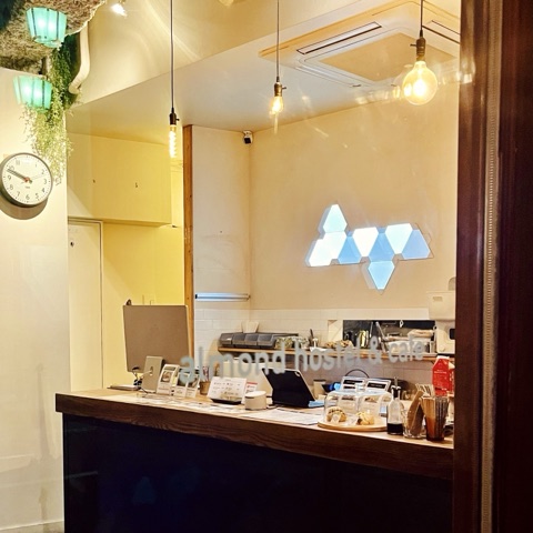 MoonTed Diary: The counter at almond hostel & cafe, with a hexagonal light fixture and bare-bulb pendant lights