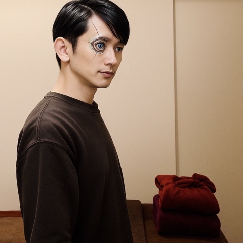 ムーンテッド（MoonTed）の日記より、片目が機械の義眼のように加工されたムーンテッド（MoonTed）のセラピストAKI。茶色のスウェット姿で、奥にたたんだ赤いブランケット