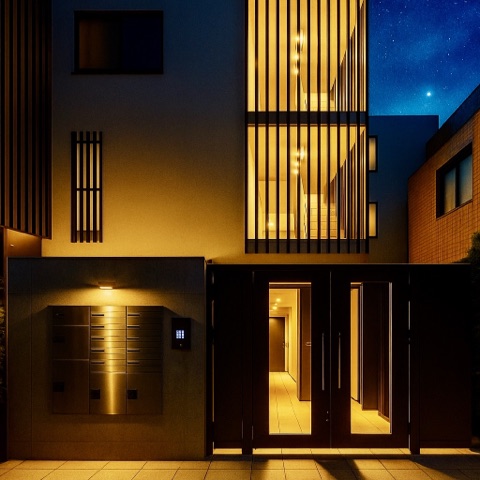 MoonTed Diary: The entrance of an apartment building at night, warm light glowing through vertical slats and a bright hallway beyond the gate