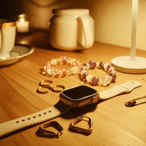 MoonTed Diary: Accessories taken off and laid on a warmly lit wooden table: a smartwatch, a natural stone bracelet, rings and earrings