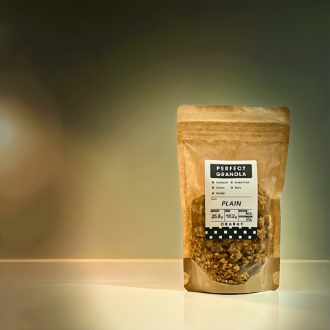 ムーンテッド（MoonTed）の日記より、OKARATの「PERFECT GRANOLA」プレーン味。クラフト紙の袋に、タンパク質25.8g・脂質10.2gの表示