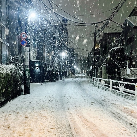 ムーンテッド（MoonTed）の日記より、大雪の夜、雪が積もった住宅街の路地と街灯